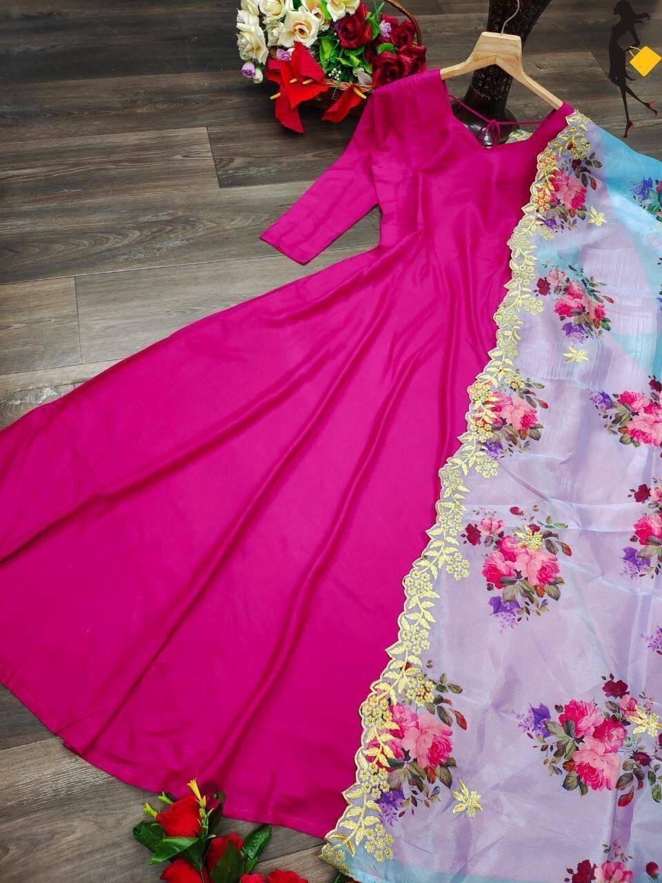 Heavy rayon umbrella gown with organza dupatta
